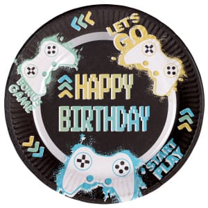 Πιάτα χάρτινα διαμ. 23εκ Happy Birthday "Level Up" - Συσκ. 8 τεμ