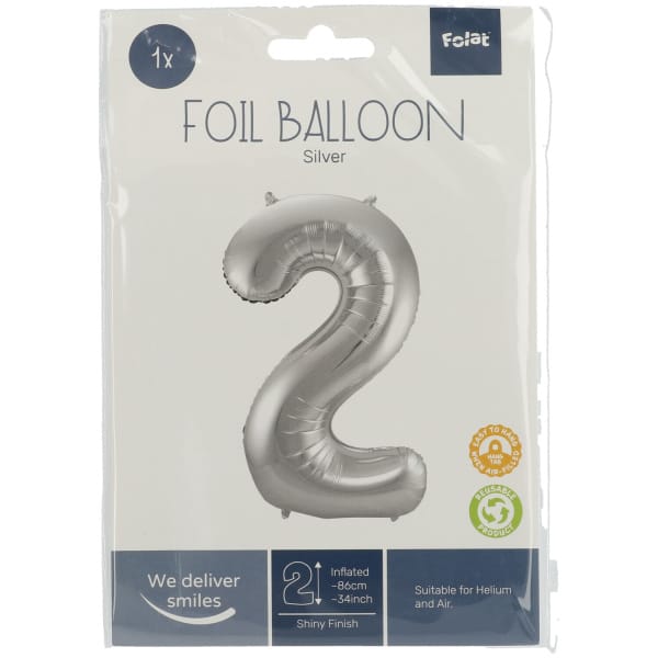 Μπαλόνι Foil Αριθμός "2"  Ασημί 86 Εκ. Ύψος - Image 2