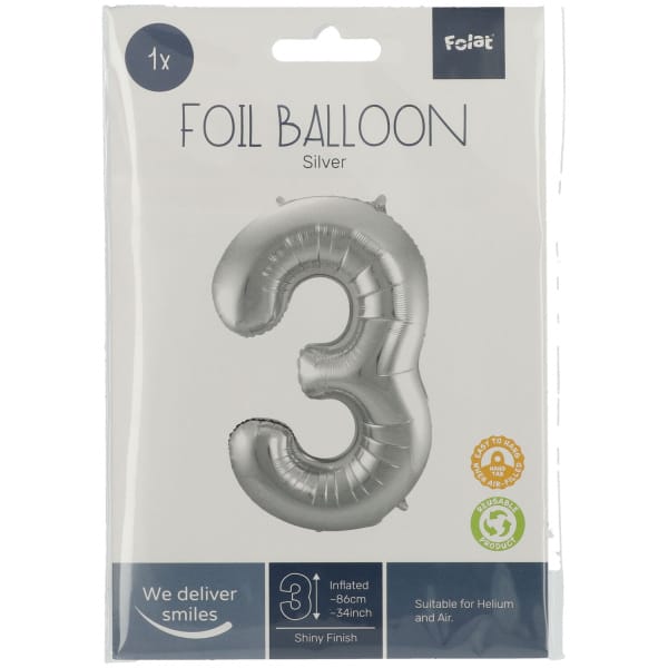 Μπαλόνι Foil Αριθμός "3"  Ασημί 86 Εκ. Ύψος - Image 2