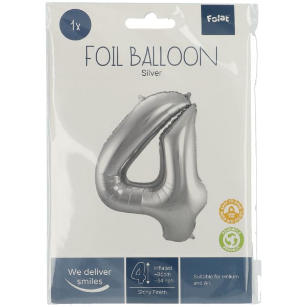 Μπαλόνι Foil Αριθμός "4"  Ασημί 86 Εκ. Ύψος - Image 2