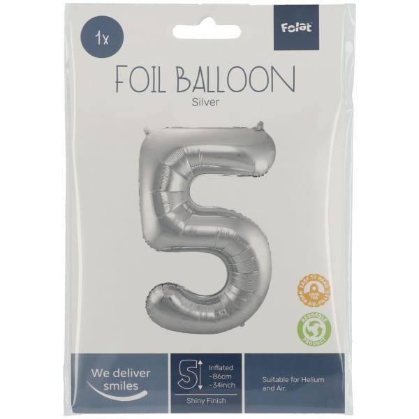Μπαλόνι Foil Αριθμός "5"  Ασημί 86 Εκ. Ύψος - Image 2
