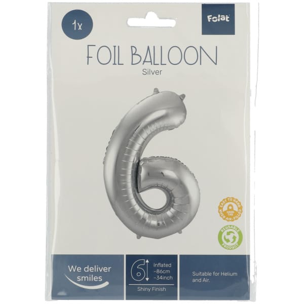 Μπαλόνι Foil Αριθμός "6"  Ασημί 86 Εκ. Ύψος - Image 2