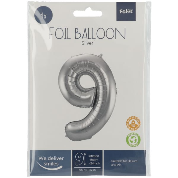 Μπαλόνι Foil Αριθμός "9"  Ασημί 86 Εκ. Ύψος - Image 2