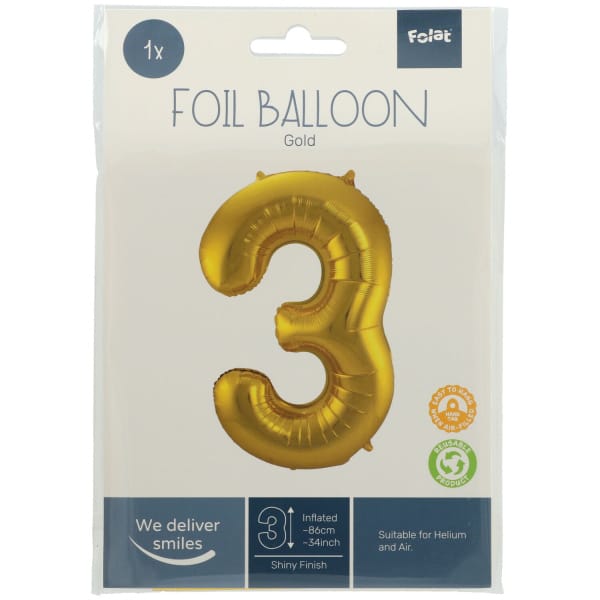 Μπαλόνι Foil Αριθμός "3"  Χρυσό 86 Εκ. Ύψος - Image 2
