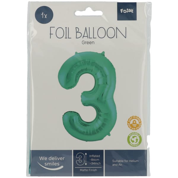 Μπαλόνι Foil Αριθμός "3"  Πράσινο 86 Εκ. Ύψος - Image 2