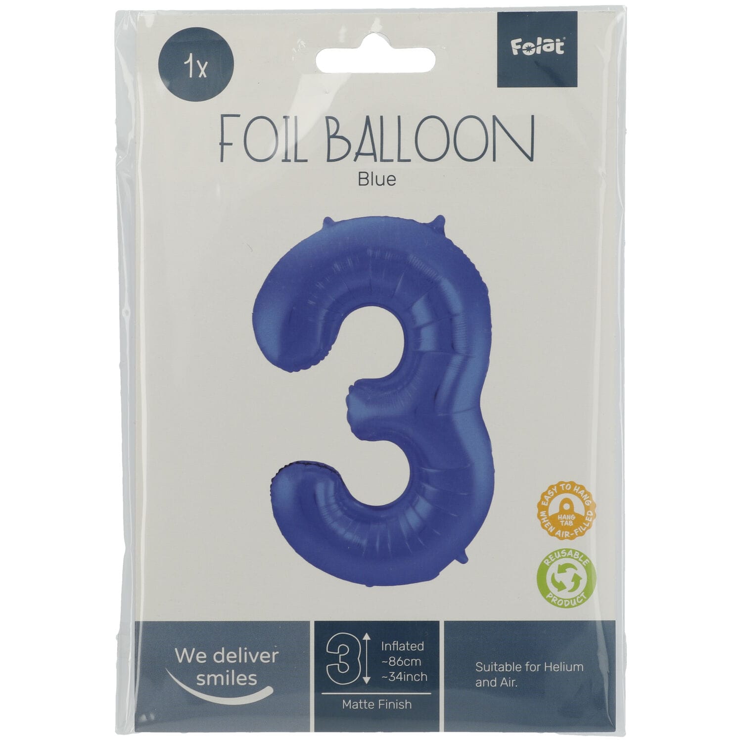 Μπαλόνι Foil Αριθμός "3" Μπλε 86 Εκ. Ύψος - Image 2