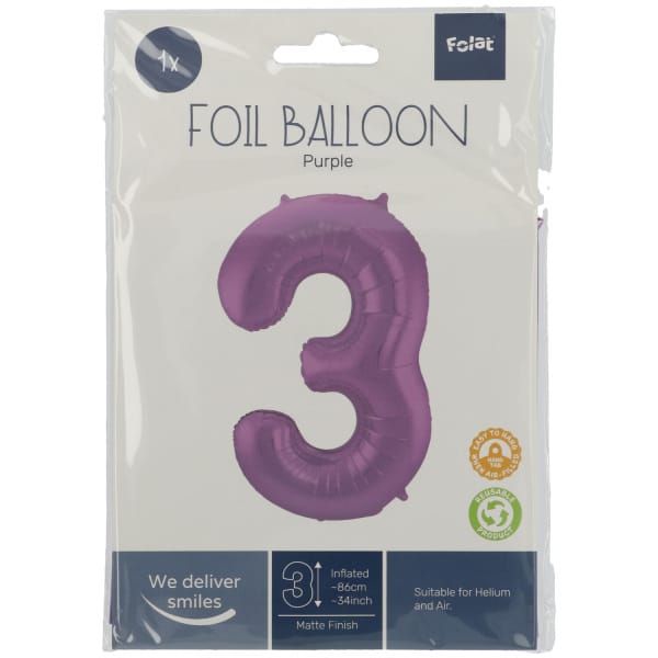 Μπαλόνι Foil Αριθμός "3"  Μωβ 86 Εκ. Ύψος - Image 2