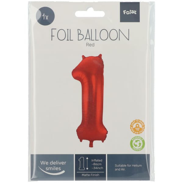 Μπαλόνι Foil Αριθμός "1"  Κόκκινο 86 Εκ. Ύψος - Image 2