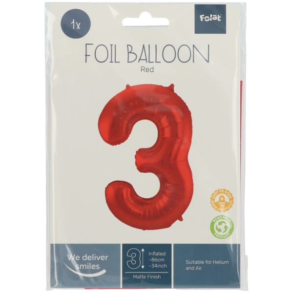 Μπαλόνι Foil Αριθμός "3"  Κόκκινο 86 Εκ. Ύψος - Image 2