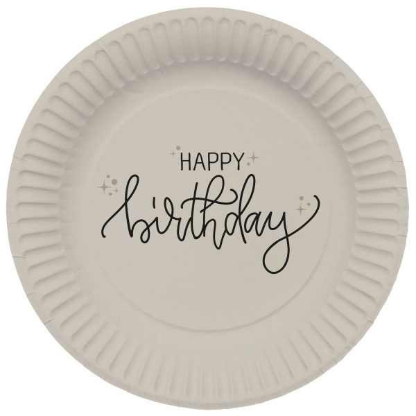 Πιάτα χάρτινα διαμ. 23εκ Happy Birthday "Creme Noir" - Συσκ. 8 τεμ
