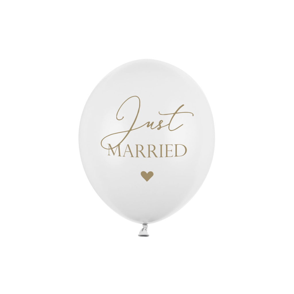 Μπαλόνια Latex 30εκ "Just Married" Λευκά με χρυσά γράμματα -  Συσκ. 6 τμχ