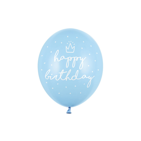 Μπαλόνια Latex 30εκ "Happy Birthday" Σιελ Παστέλ με Λευκά γράμματα -  Συσκ. 6 τμχ