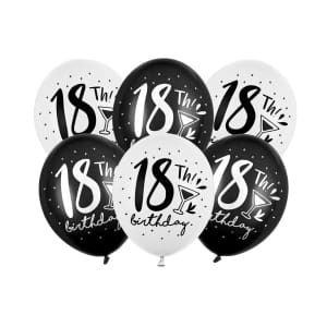 Μπαλόνια Latex 30εκ "18th Birthday" Άσπρα & Μαύρα -  Συσκ. 6 τμχ