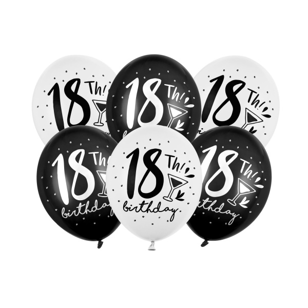 Μπαλόνια Latex 30εκ "18th Birthday" Άσπρα & Μαύρα -  Συσκ. 6 τμχ