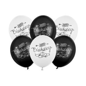 Μπαλόνια Latex 30εκ “Happy Birthday” Άσπρα & Μαύρα -  Συσκ. 6 τμχ