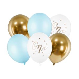 Μπαλόνια Latex 30εκ "One" Λευκά, Σιελ Παστέλ & Χρυσά χρωμίου - Συσκ. 6 τμχ