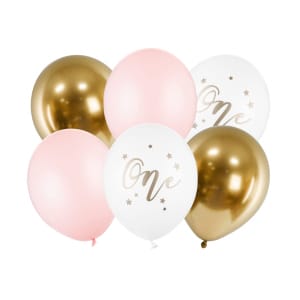 Μπαλόνια Latex 30εκ "One" Λευκά, Ροζ Παστέλ & Χρυσά χρωμίου - Συσκ. 6 τμχ