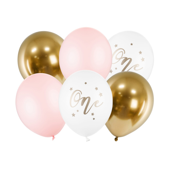 Μπαλόνια Latex 30εκ "One" Λευκά, Ροζ Παστέλ & Χρυσά χρωμίου - Συσκ. 6 τμχ