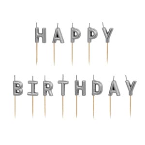 Κεριά Mini Aσημί "Happy Birthday" 2,5εκ. ύψος - Συσκ. 13 τεμ