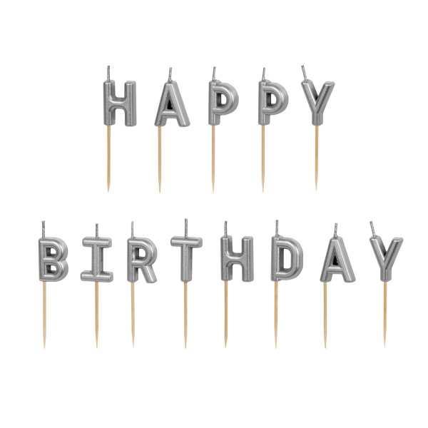 Κεριά Mini Aσημί "Happy Birthday" 2,5εκ. ύψος - Συσκ. 13 τεμ
