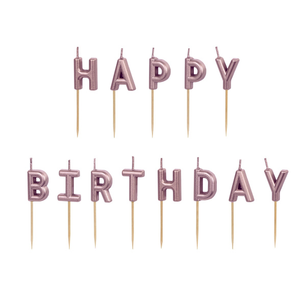 Κεριά Mini Rose Gold "Happy Birthday" 2,5εκ. ύψος - Συσκ. 13 τεμ
