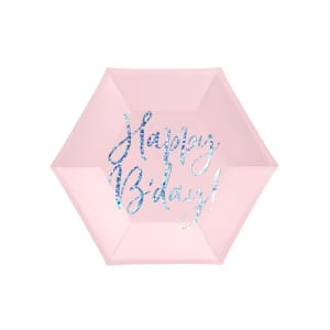 Πιάτα χάρτινα διαμ. 20εκ "Happy BDay" Powder Pink - Συσκ. 6 τεμ