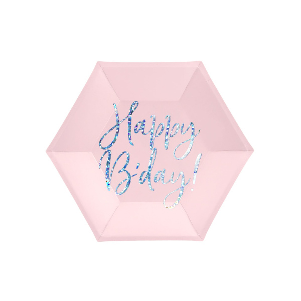Πιάτα χάρτινα διαμ. 20εκ "Happy BDay" Powder Pink - Συσκ. 6 τεμ