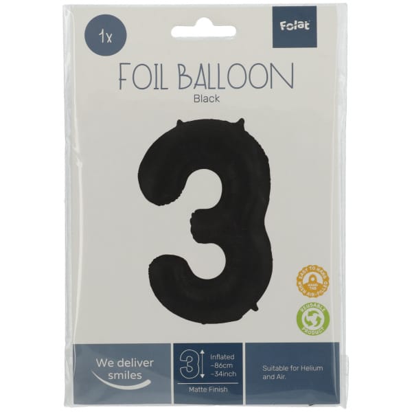 Μπαλόνι Foil Αριθμός "3"  Μαύρο 86 Εκ. Ύψος - Image 2