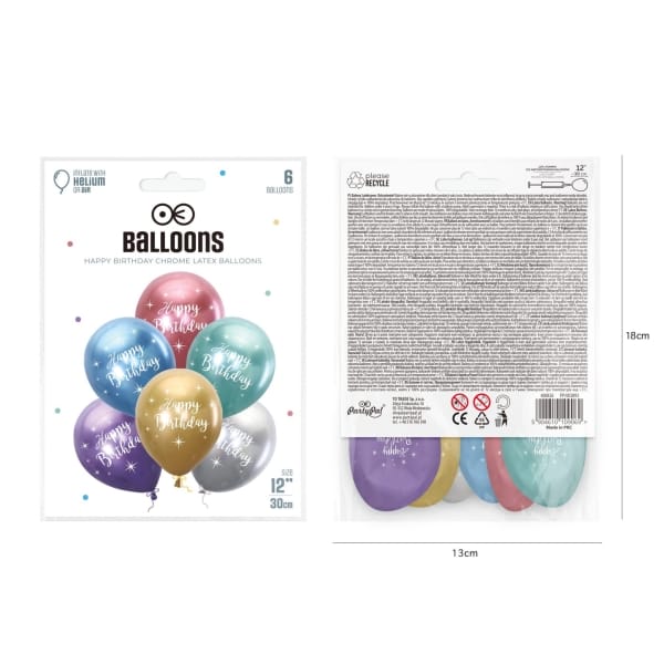 Μπαλόνια Latex 12'' Happy Birthday Multicolor Chrome Συσκ. 6τμχ - Image 2
