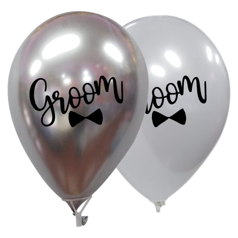 Μπαλόνι Latex 12 '' τυπωμένο Groοm / Λευκό & Ασημί Χρωμίου Συσκ. 5 τμχ