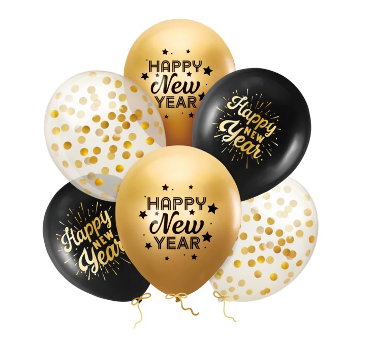 Μπαλόνια Latex 30 εκ. Τυπωμένο Happy New Year Μαύρα και Χρυσά Συσκ. 6 τμχ