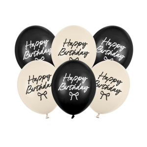 Μπαλόνια Latex 30εκ “Happy Birthday” Άσπρα & Μαύρα με Φιογκάκια 30 cm-  Συσκ. 6 τμχ