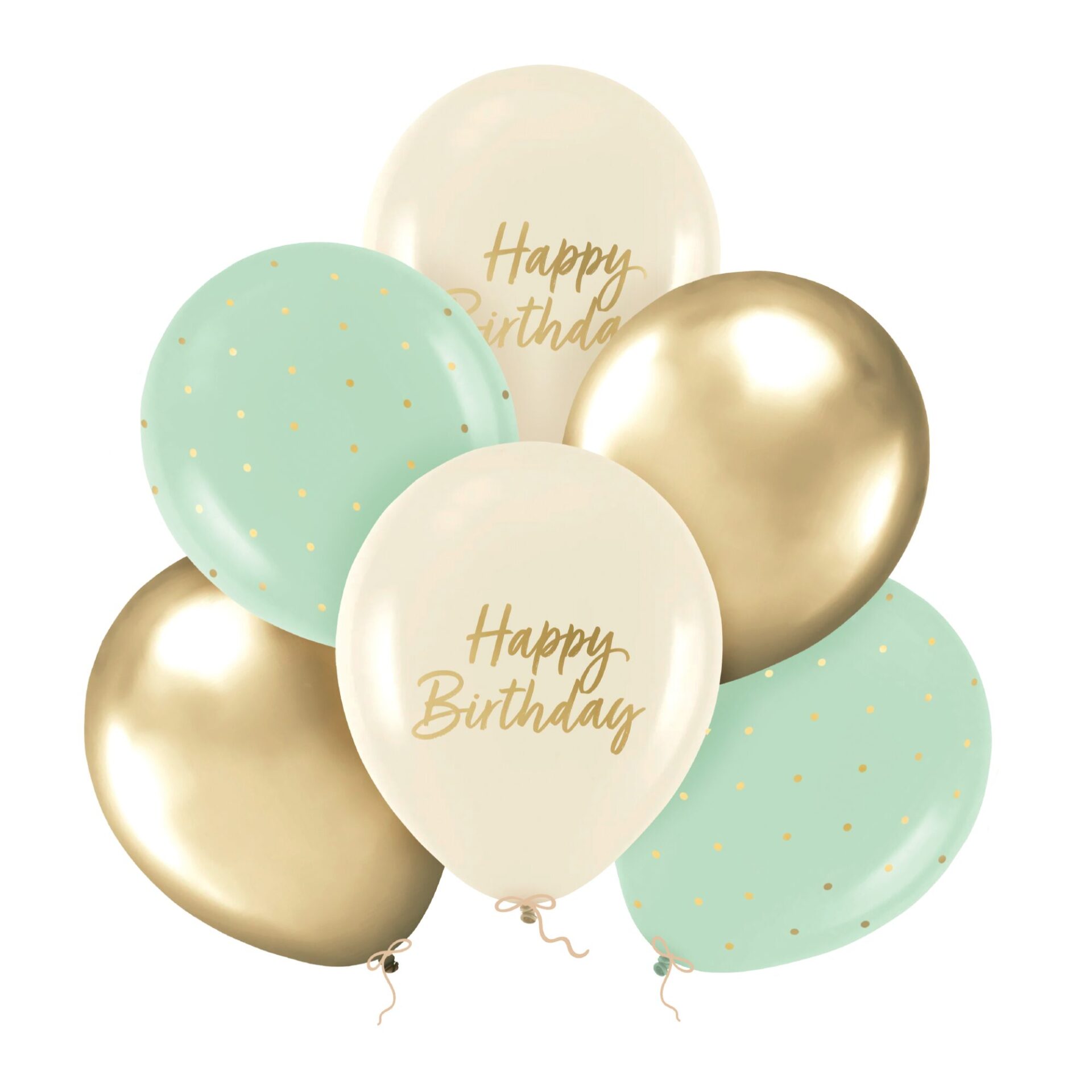 Μπαλόνια Happy Birthday Πράσινο – Μπεζ – Χρυσό 30 εκ. Συσκ. 6 Τμχ