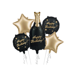 Σετ Μπαλόνια Foil Μπουκάλι Happy Birthday  Μαύρο - Χρυσό – Συσκ. 5 τεμ.