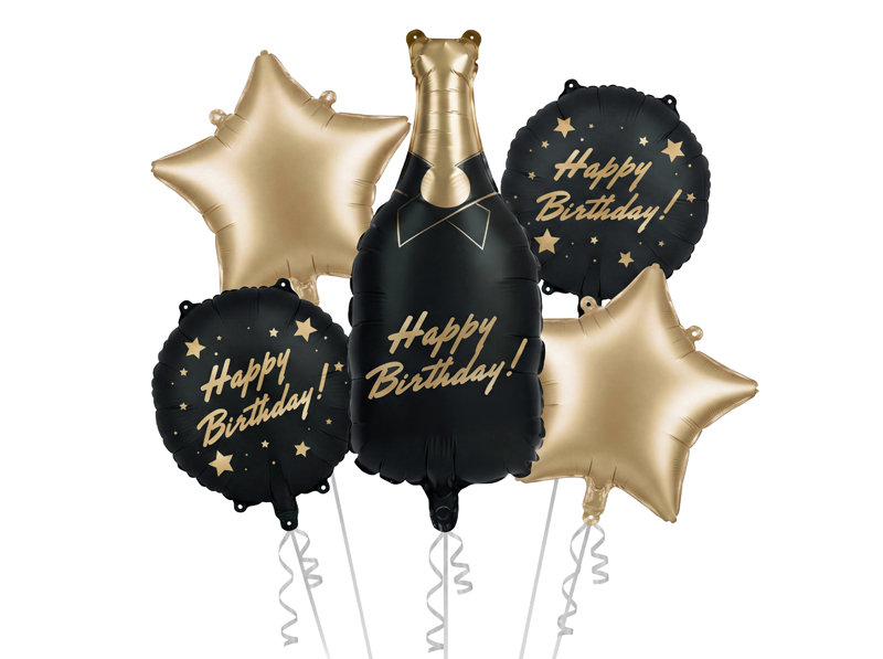 Σετ Μπαλόνια Foil Μπουκάλι Happy Birthday Μαύρο - Χρυσό – Συσκ. 5 τεμ.