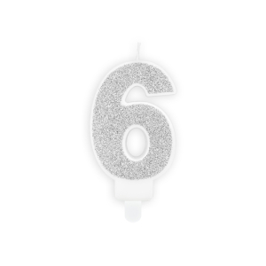 Κερί Ασημί "6" glitter 7 εκ.