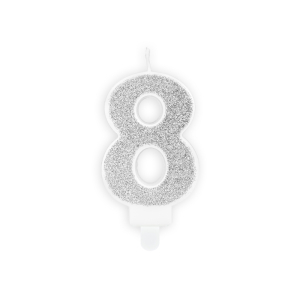 Κερί Ασημί "8" glitter 7 εκ.