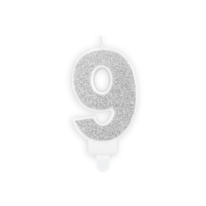 Κερί Ασημί "9" glitter 7 εκ.